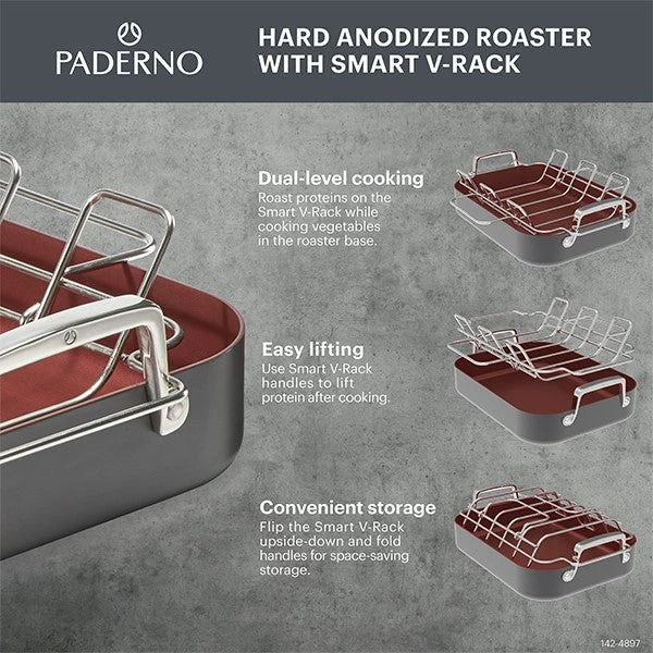PADERNOROASTER_ENG.jpg Paderno Hard Anodized Roaster With Smart V-Rack | Rôtissoire à Anodisation Dure Avec Grille En V Intelligente